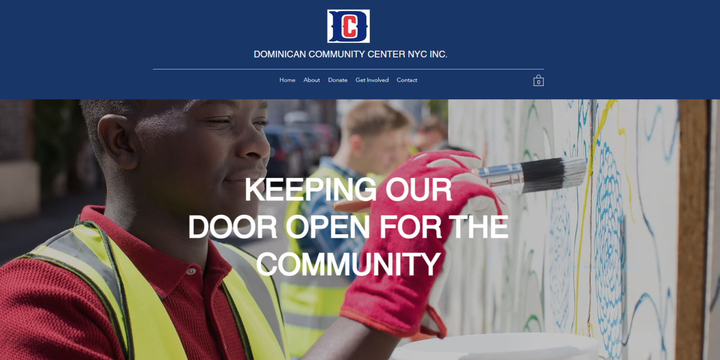 A screenshot of a website for a nonprofit organization; a Black man painting a mural