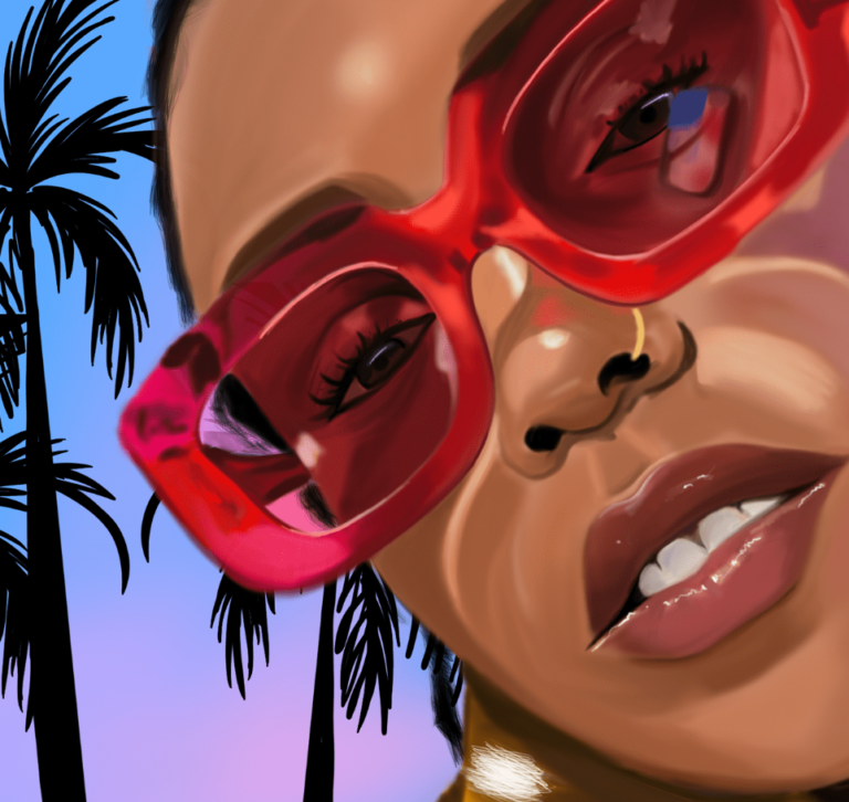 An illustration of a brown skinned woman wearing big red glasses, with palm trees in the background