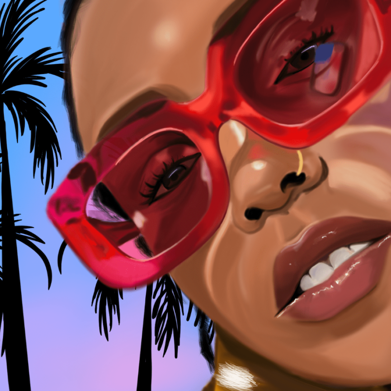 An illustration of a brown skinned woman wearing big red glasses, with palm trees in the background